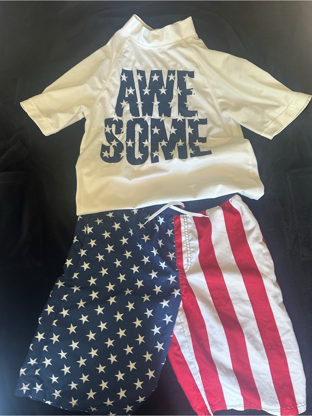 White "AWESOME" Rash Guard Swim Top and American Flag Swim Shorts